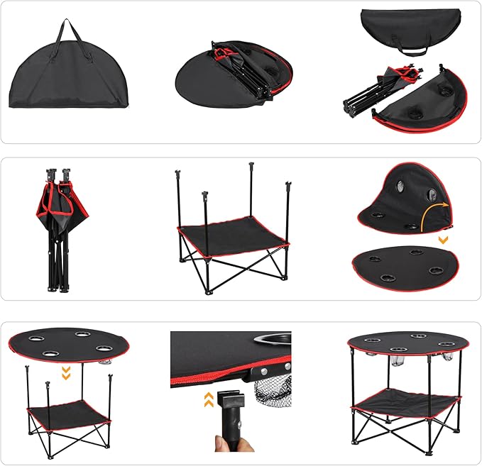 SUPER DEAL Portable Folding Picnic Camping Table with Storage Bag and 4 Cupholders, 2-Tiers Round Outdoor Camping Beach Table, Black