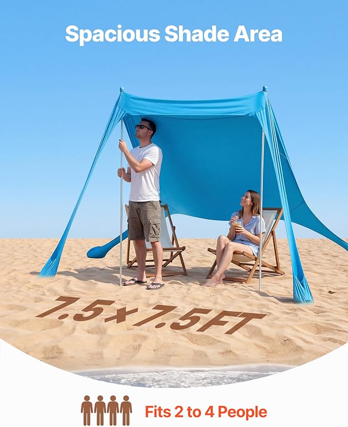VEVOR Beach Tent Sun Shelter, UPF50+ Sun Protection, 6.6 ft Tall, 7.5x7.5 ft, Easy Pop Up Beach Canopy with Sandbags, Stability Poles, Sand Shovels, Portable Shade for Family Outings, Camping, Fishing