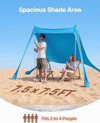 VEVOR Beach Tent Sun Shelter, UPF50+ Sun Protection, 6.6 ft Tall, 7.5x7.5 ft, Easy Pop Up Beach Canopy with Sandbags, Stability Poles, Sand Shovels, Portable Shade for Family Outings, Camping, Fishing