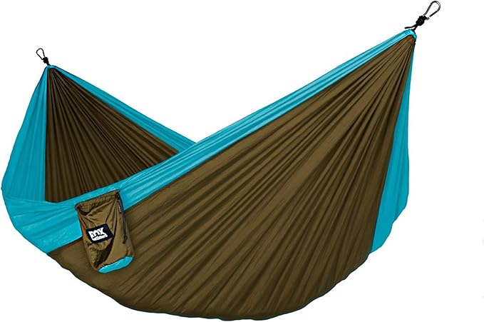 Fox Outfitters Neolite Double Camping Hammock - Lightweight Portable Nylon Parachute Hammock for Backpacking, Travel, Beach, Yard. Hammock Straps & Steel Carabiners Included (Sky Blue/Bronze)