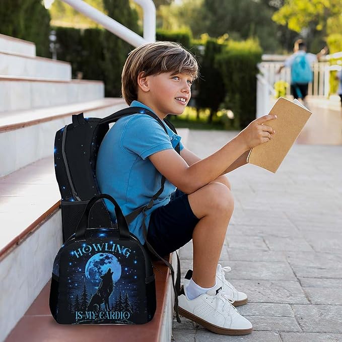 Boys Backpack, Wolf Gifts, Cool Wolf Backpacks for Kids 6-8, 17 Inch School Bag with Lunch Box, Large Capacity Student Bookbag and Pencil Case Bundle for Travel School