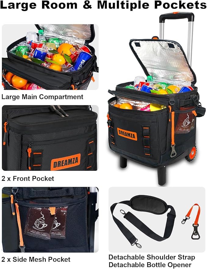 Soft Cooler with Wheels, 60-Can Wheeled Cooler with Handle, Leak Proof Rolling Cooler Insulated Bag with All-Terrain Cart, Collapsible Rolling Ice Chest for Beach Picnic Camping Grocery