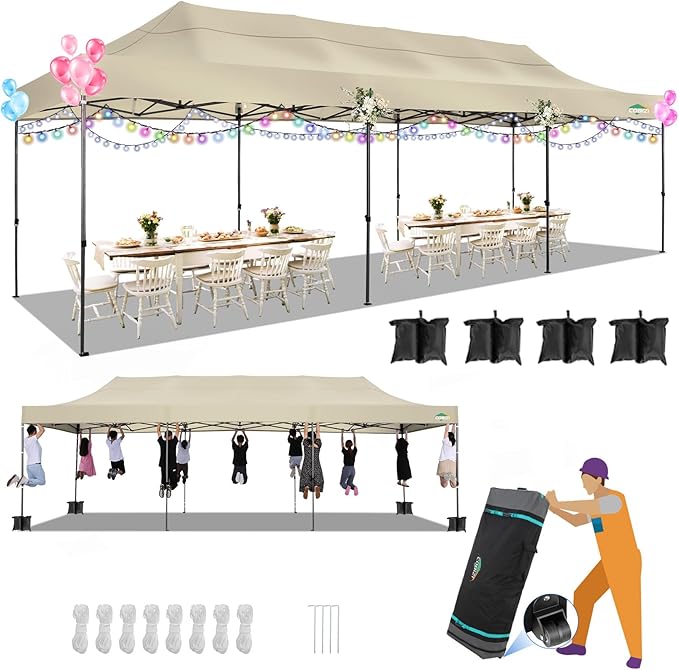 COBIZI 10x30 Pop up Canopy, Heavy Duty Outdoor Party Tents for Parties, Easy up UPF 50+ Waterproof Commercial Canopy with Wheeled Bag can fold, Khaki(Windproof Upgraded)