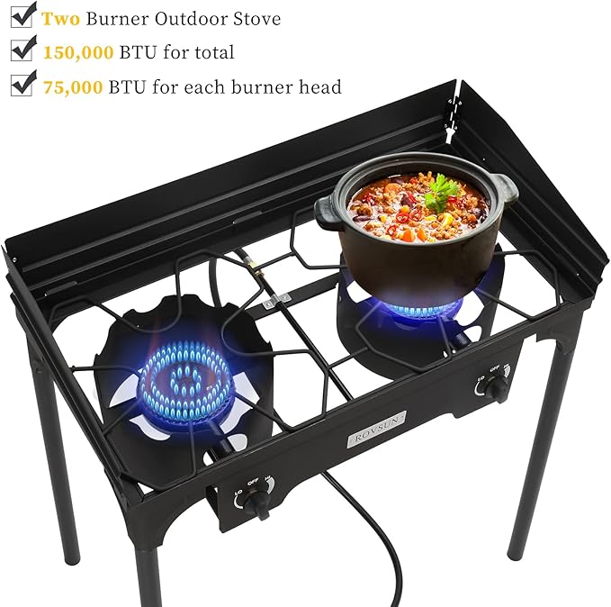 Bonnlo 2-Burner Outdoor Portable Propane Burner Stove 150,000-BTU Gas Cooker with Windscreen & Carrying Bag, Heavy Duty Iron Cast Patio Burner with Detachable Stand Legs for Camp Cooking