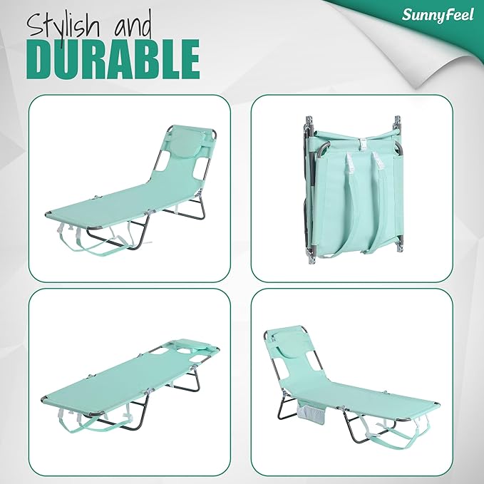SUNNYFEEL Beach Lounge Chair, Backpack Reclining Beach Chairs Lay Flat, Sun Face Down Tanning Chair, Folding Camping Chairs Portable Camp Cot with Backpack Straps for Outdoor/Picnic/Lawn