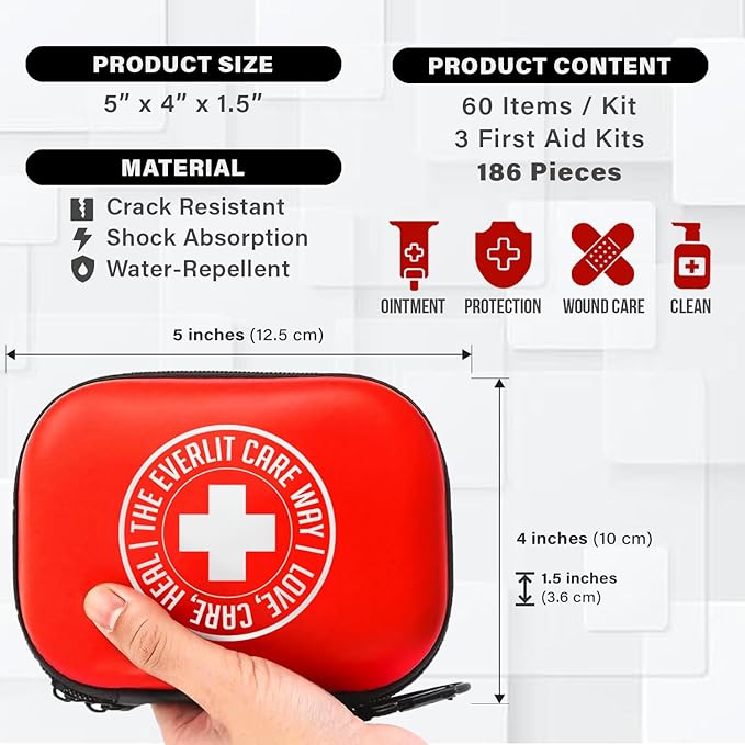 Mini-Aid First Aid Kit | Compact & Lightweight Case with Carabiners for Travel | Family & Kid Friendly 180 Pcs Wound Care Supplies for School, Work, Outdoor, Home & Office | Pack of 3