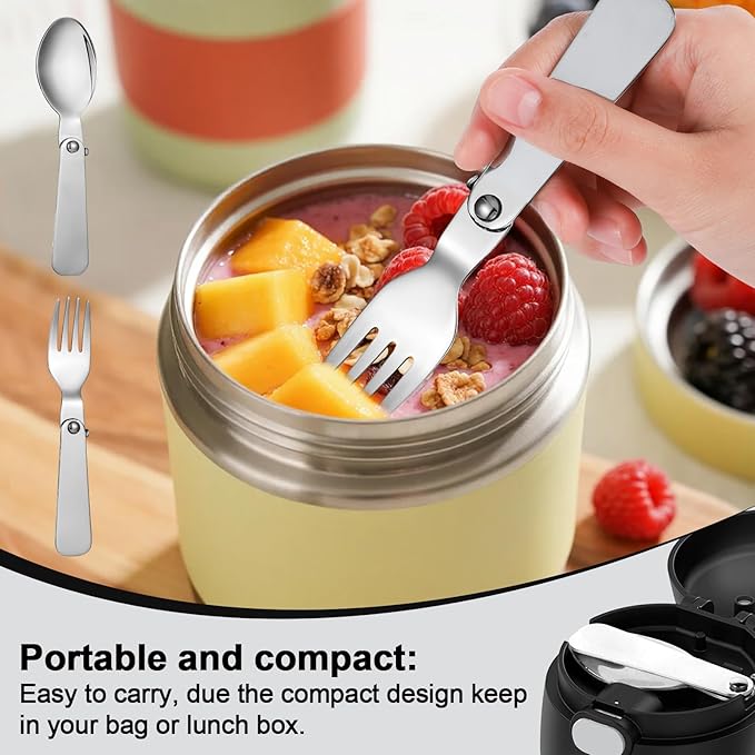 4pcs Metal Folding Spoons & 4pcs Foldable Forks for Thermos Funtainer 10oz Food Jar, Portable Stainless Steel Spoon Fork Set Replacements for Travel Camping Dinner Picnic & Outdoor Activities