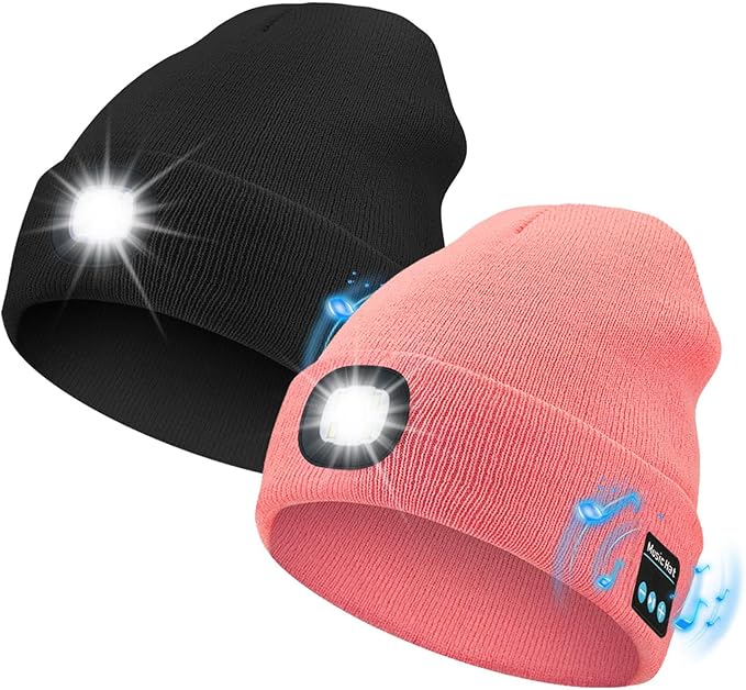 Bluetooth Beanie with Light, USB Rechargeable LED Headlamp Winter Hat, Men Women Valentine's Day Gifts