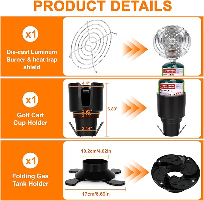 Golf Cart Heater, Portable Propane Heater with Self Igniter, 2-in-1 Outdoor Space Heaters with Cup Holder & Cylinder Base, Golf Cart Accessories, Cordless Camping Heaters for Tents,Hunting,Ice Fishing