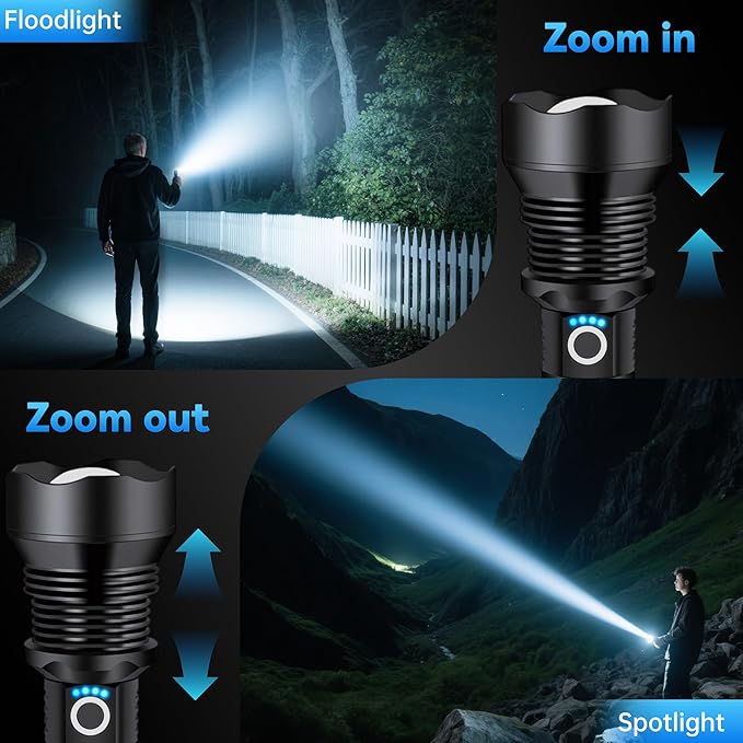 Rechargeable Flashlights High Lumens, Super Bright Tactical Flashlights with 5 Modes & Waterproof, Adjustable Focus Led Flash Lights for Home Camping Emergencies Hiking