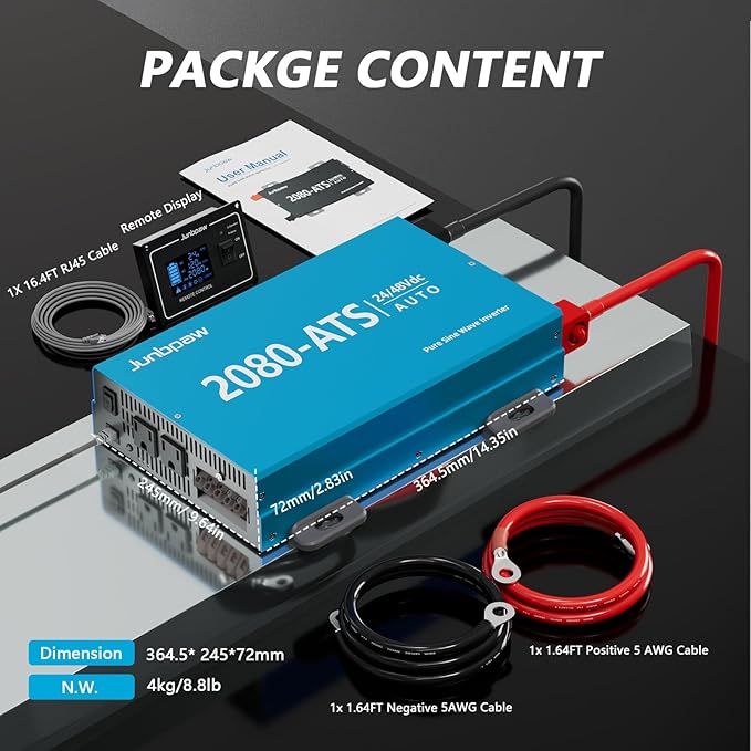 2080W Pure Sine Wave Inverter with Auto Transfer Switch ATS, Dual Voltage Power Inverter 24V/48V to 120V for RV, Truck Off-Grid, Camping, Home Emergency Backup (Blue)