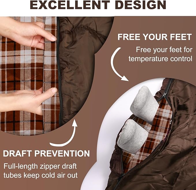 XL Queen Size 2 Person Double Sleeping Bag for Adults, Lightweight Compact with Flannel Liner & Thermolock Draft Tube, Machine Washable All Season Camping Travel