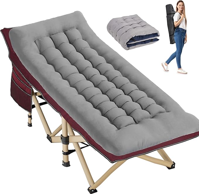 Folding Camping Cot for Sleeping, Portable Cots for Adults, Heavy Duty Cot Bed 550LBS(Max Load), Extra Wider Cots with Large Pocket for Outdoor, Office, Beach