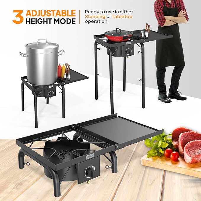 ROVSUN Single Burner Propane Gas Stove with Side Shelf & Carrying Bag, 100,000 BTU Portable Stove with Removable Legs & Regulator for Camping Home Backyard Cooking Brewing Canning Turkey Frying
