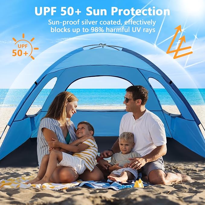 NXONE Beach Tent Sun Shelter with UPF 50+ UV Protection, Lightweight Easy Setup Portable Beach Canopy for Family, Large Space for Beach, Camping & Outdoor, 3/4/6 Person