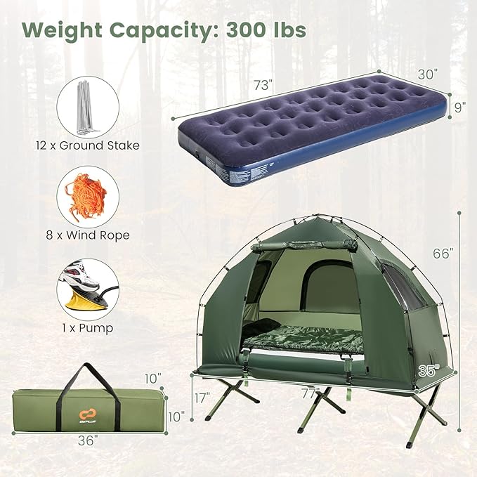 Goplus Camping Tent Cot, 5-in-1 Folding Camping Bed with Air Mattress, Pillow, Sleeping Bag, Waterproof Elevated Tent Shelter, Portable Outdoor Sleeping Cot with Carry Bag for Picnic, Trip