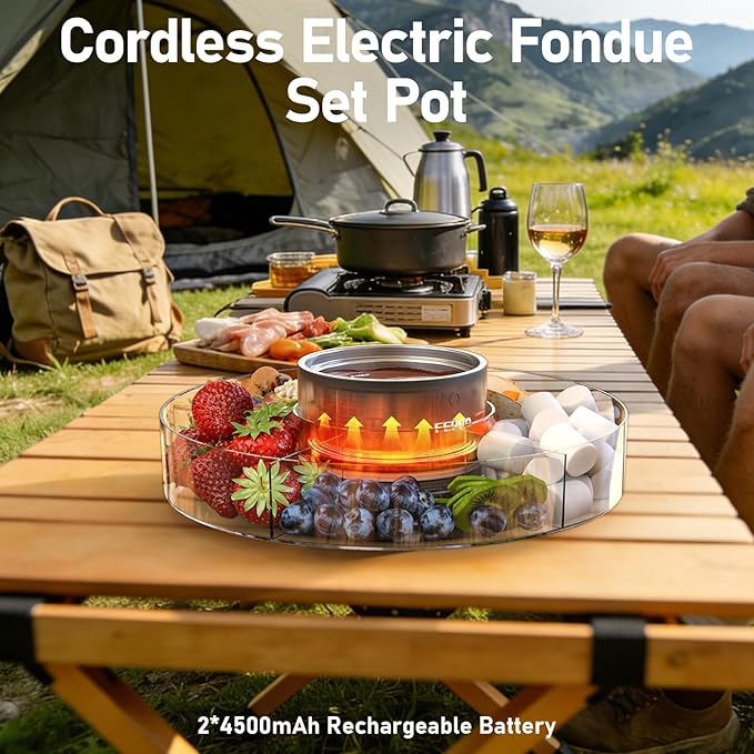 FEPPO Cordless Electric Fondue Pot Set with Mood Light, 2*4500mAh Rechargeable Battery Powered, 7 Game Cards & Detachable Taco Serving Tray, Melted Chocolate Cheese for Outdoor Indoor Parties Camping