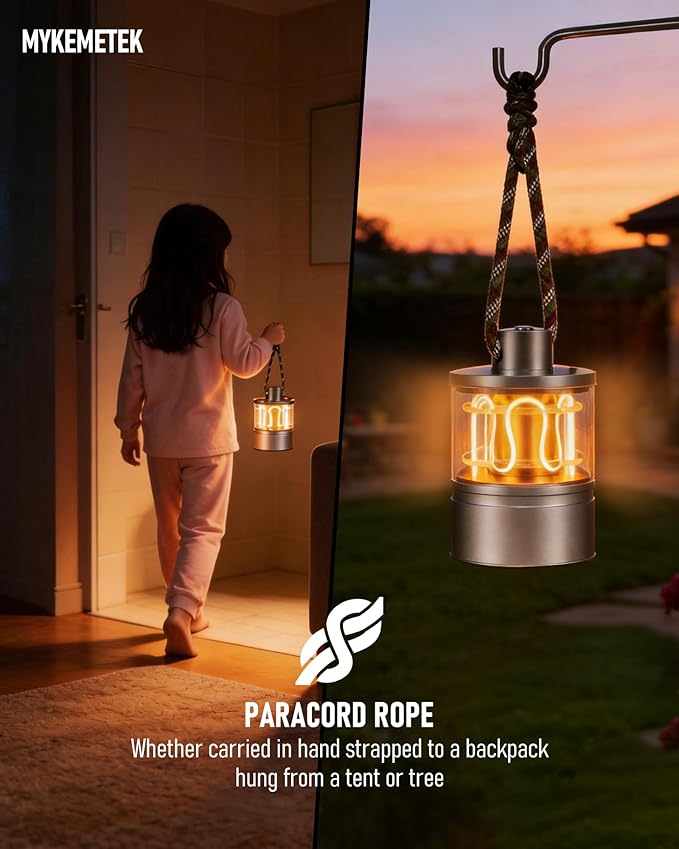 Aluminum Camping Lantern, Rechargeable Ambient Lantern with Paracord Handle & Smooth Dimming, Portable Warm Light for Indoor/Outdoor, Bedroom, Hiking and Emergency, 4'' x 2.4''