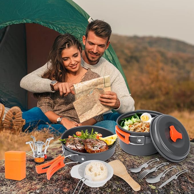 Bisgear 16pcs Camping Cookware Set - Backpacking Stove & Mess Kit - Pots, Pans & Accessories - Survival Gear