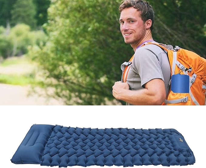 Ergonomic Inflating Sleeping Pad with Built in Pump, Nylon Material, and Storage Bag for Office, Camping, and Outdoor Use (Navy Blue)