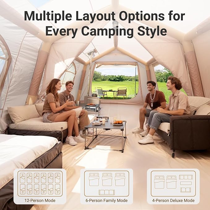 ABORON 2/6/8/10/12 Person Inflatable Camping Tent, Easy Setup Blow Up Tent with Hand Pump, PU3000mm Waterproof & Breathable 4 Season Glamping Tent for Outdoor Camping