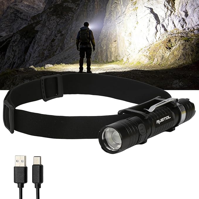 Headlamp, USB C Rechargeable Battery Powered Head Lamp LED Flashlight with Clip Magnetic Base, 1000 Lumens Zoomable Aluminum Headlamp IPX4 Waterproof for Hard Hat Working Running Hiking