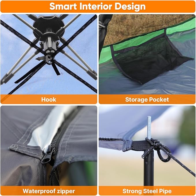 Golabs 3 Person Camping Tent w/ 9.5x8.5 ft Canopy, 3-Minute Setup by Pre-Attached Pole, PU1500mm Waterproof, 4 Side Mesh Tent Top & Door & Ventilation, Portable Family Tent w/Carry Bag & Pocket & Hook