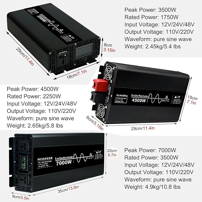 3500W 4500W 7000W Car Inverter DC 12V to AC 240V Pure Sine Wave Power Inverter with LCD Display, for Motorhomes Truck Boat Camping~/