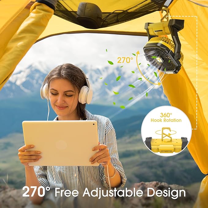 Portable Fan Rechargeable, 20000mAh Cordless Battery Powered Fan with LED Lantern, USB C Battery Operated for Travel Bedroom Home Camping Tent Office Beach Desk Fishing Table (Yellow)