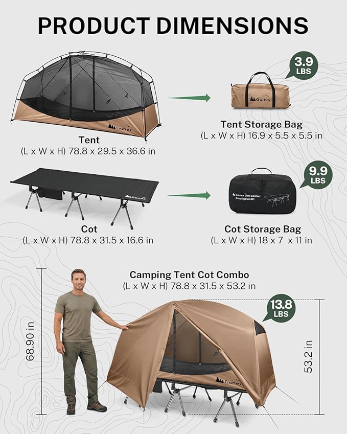 Gonex Camping Tent Cot for Adults, 1-Person Off-Ground Folding Portable Easy Set-up Tent Cot Combo for Hiking, Backpacking, Car & Motorcycle Camping(31.5" W X 78.7" L)-Khaki