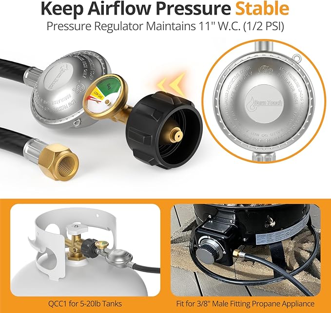 Propane Hose Regulator 3FT with Gauge Gas Grill Replacement Parts for Blackstone 28" & 36" Griddles, Weber, Nexgrill Grills, Camp Chef Stove, Propane Patio Heater and Fire Pit