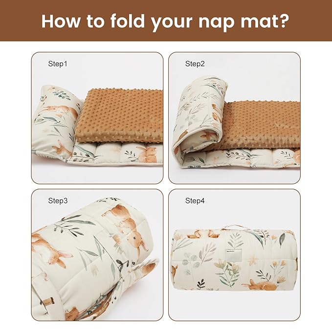 PHF Toddler Nap Mat with Removable Pillow and Minky Fleece Blanket, Rollup Design Warm Slumber Bags for Boys Girls, 52"x20"x2" Kids Sleeping Bag for Daycare Preschool Travel Camping, Woodland & Animal