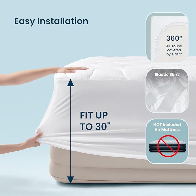 SLEEP ZONE Queen Mattress Pad Quilted Mattress Topper Air Mattress Cover, Breathable and Noiseless Air Mattress Protector, Deep Pocket Fits Up to 25 Inches (White)