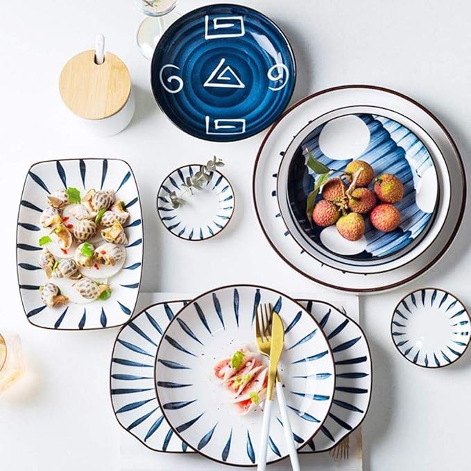 Pottery Tableware,Blue Printed Ceramic Dinnerware Sets Porcelain Combi-Set Dinner Plates Dessert Plates Cereal Bowls Salad Bowls