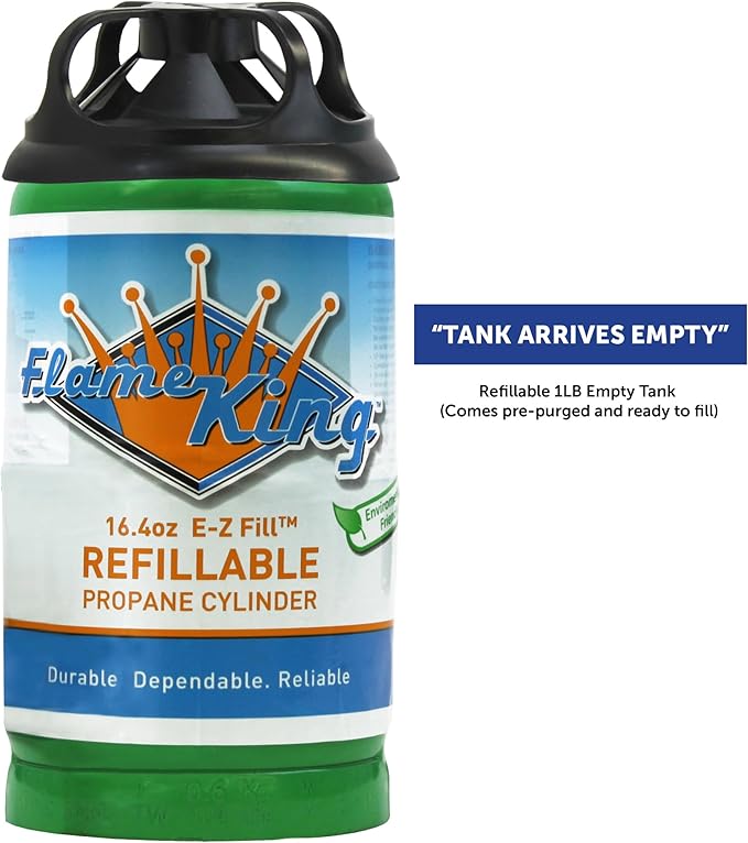 Flame King 1LB EMPTY Propane Cylinder Tank – Refillable – Reusable – Safe and Legal Refill Option – DOT Compliant – 16.4 oz for Camping, Backpacking, and Hiking (4-Pack), Green (YSN164-4)