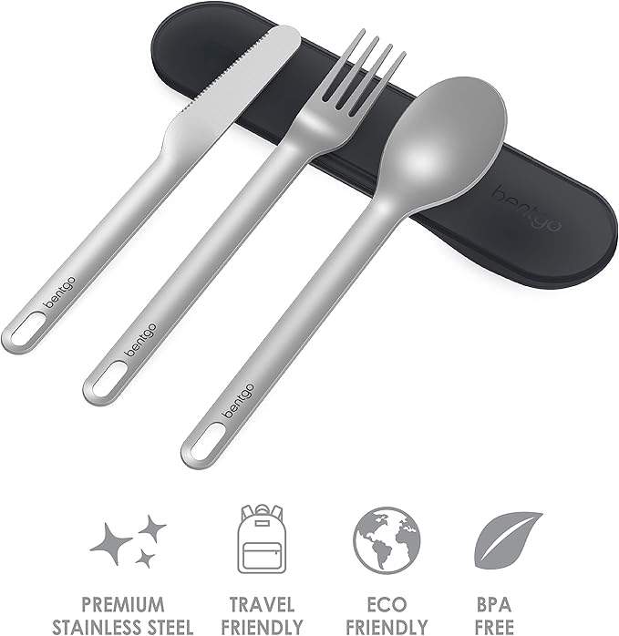 Bentgo Stainless Travel Utensil Set - Reusable 3-Piece Silverware Set with Carrying Case, High-Grade Premium Steel, BPA-Free Case, Eco-Friendly - Ideal for Travel, Camping, and Office Use (Carbon)