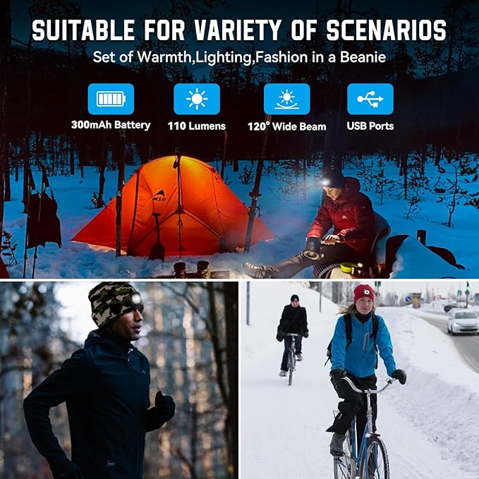 Beanie Hats with Light, USB Rechargeable LED Hand Free Headlamp, Birthday Gifts for Men, Women, and Teens, Ideal for Camping, Hiking, 2 Pack, Camouflage