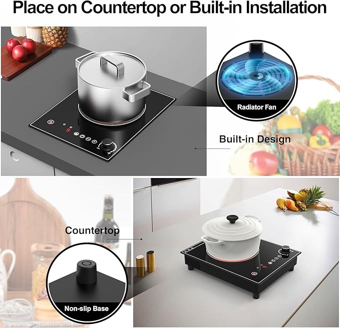 1800W Portable Electric Cooktop – Features touch & knob controls with 10 heat levels, child lock, and timer. 110V for home, camping, and apartments.