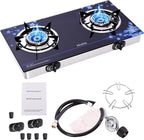 Hothit Gas Cooktop 2 Burner Outdoor Propane Stove, 28600 BTU, Portable Auto Ignition LPG Tempered Glass for camping, Courtyard Barbecue, RV Travel