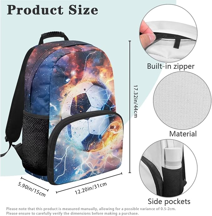 Soccer Backpack with Lunch Box Lightning Bookbag Fashion Lightweight Bookbag for Boys 8-12 with Lunch Box 4 Piece School Bag for Boys 10-12 Outdoor Camping Travel Daypack