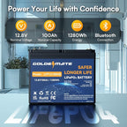 GOLDENMATE 12V 100Ah Group 24 Bluetooth LiFePO4 Battery, Deep Cycle Lithium Battery, Built-in 100A BMS, Up to 15000 Cycles, Perfect for RV, Solar System, Marine, Trolling Motor, Off-grid Setups