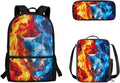 Fire and Wolf Pattern 3 PCS Backpack with Portable Lunch Box and Sturdy Pencil Case, School 3 Set Boys School Book Bag for Travelling Camping Picnic Activities
