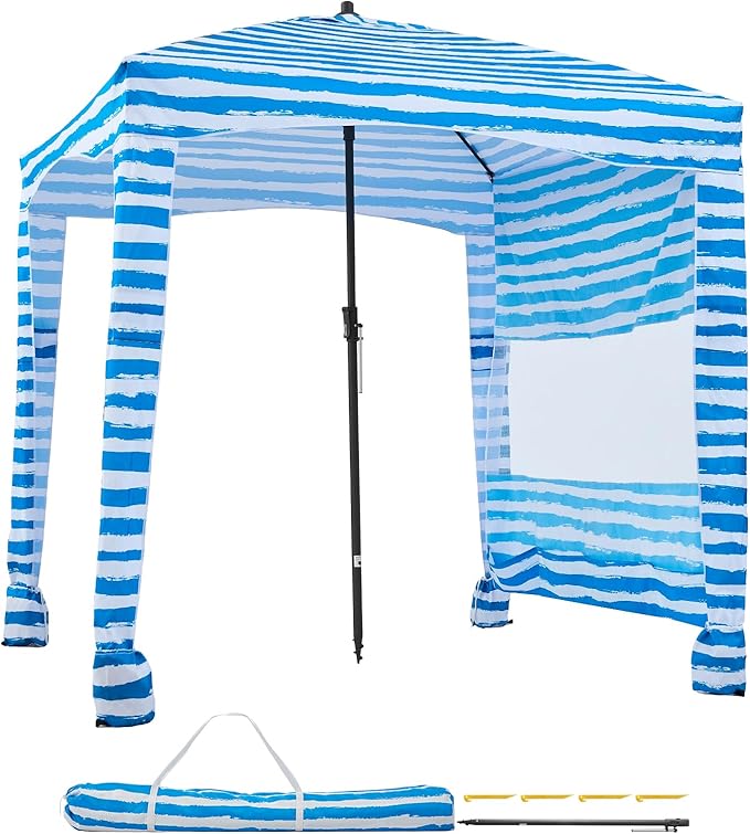 VEVOR Beach Cabana, 6 x 6 ft Beach Canopy with Side Wall, UPF 50+ Protection Easy Setup Cabana Tent with Sand Pockets, Portable Shade Sun Shelter Umbrella for Whole Family & Friends, Blue Stripes