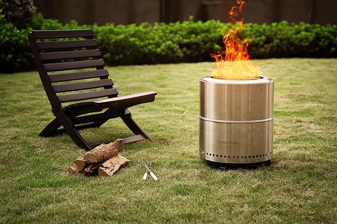 GREENVINES Smokeless-Fire-Pit | 15-Inch | 304 Stainless-Steel-Firepit | Portable Outdoor Pits with Stand for Camping | Bag & Sticks & Holders | Solo Wood Burning Bonfire | Low Smoke Stove