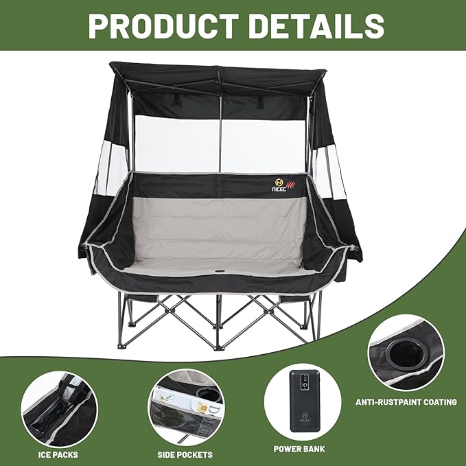 Nice C Heated Double Camping Chair with Canopy, Heated Outdoor Sports Folding Chair with Battery, Portable Padded Umbrella Chairs with Shade, Cup Holder, Cooler Bag, Loveseat for Lawn, Outdoors