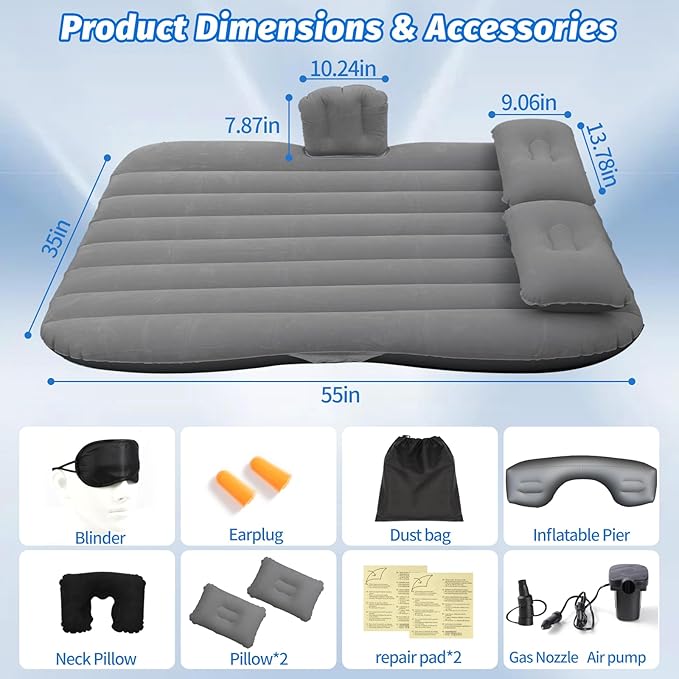 Inflatable Car Air Mattress Back Seat Bed with Air Pump,55 "x 35" Portable Thickened Car Travel Camping Sleeping Air Mattress Blow Up Bed for Car Universal SUV