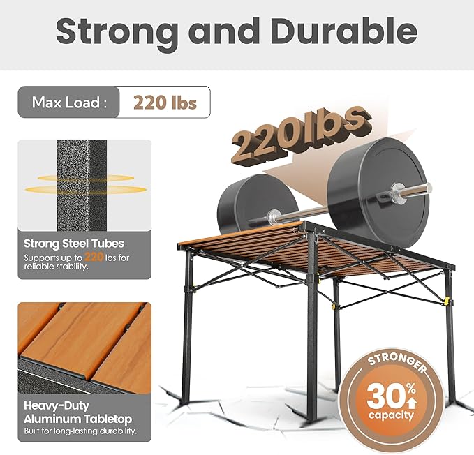 46.4" Large Folding Camping Table for 2-6 People - Heavy Duty Camp Table Foldable with Aluminum Roll-Up Top & Carry Bag - 220lbs Capacity, Portable for BBQ, Tailgating, Backyard (Natural)