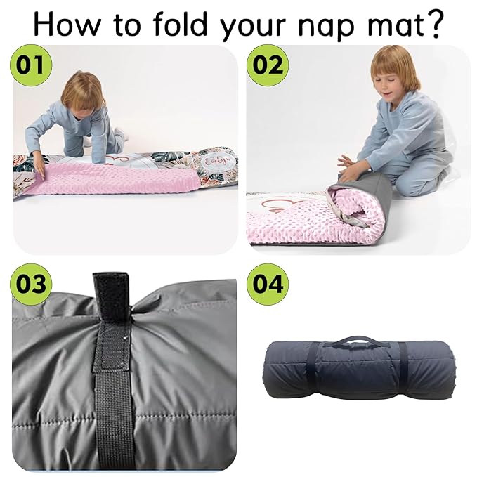 Custom Toddler Nap Mat for Preschool, Personalized Name Flower Kids Sleeping Bag for Daycare, Roll Up Sleeping Mat with Removable Pillow and Soft Dot Minky Blanke for Girls Camping