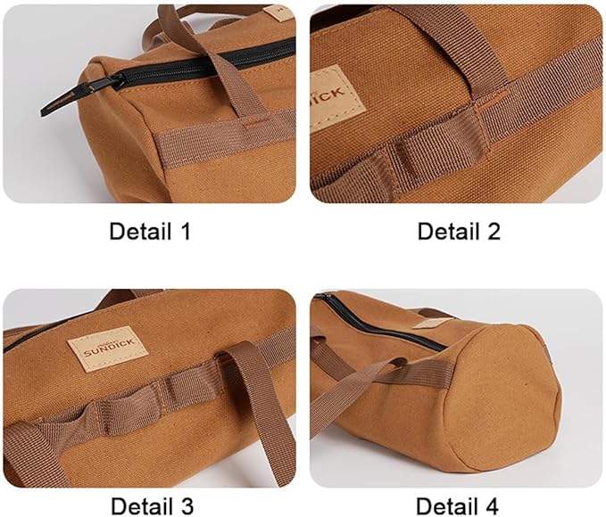 TBACW Canvas Tool Storage Bag with Zipper - Organizer for Tools, Tent Stakes & Poles, Durable Fabric Utility Pouch for Outdoor Hunting Hiking Camping Gear (Khaki)