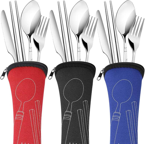 6 Pack Reusable Flatware Sets Knife, Fork, Spoon, Chopsticks, 24Pcs Portable Travel Stainless Steel Tableware Dinnerware with Carrying Case